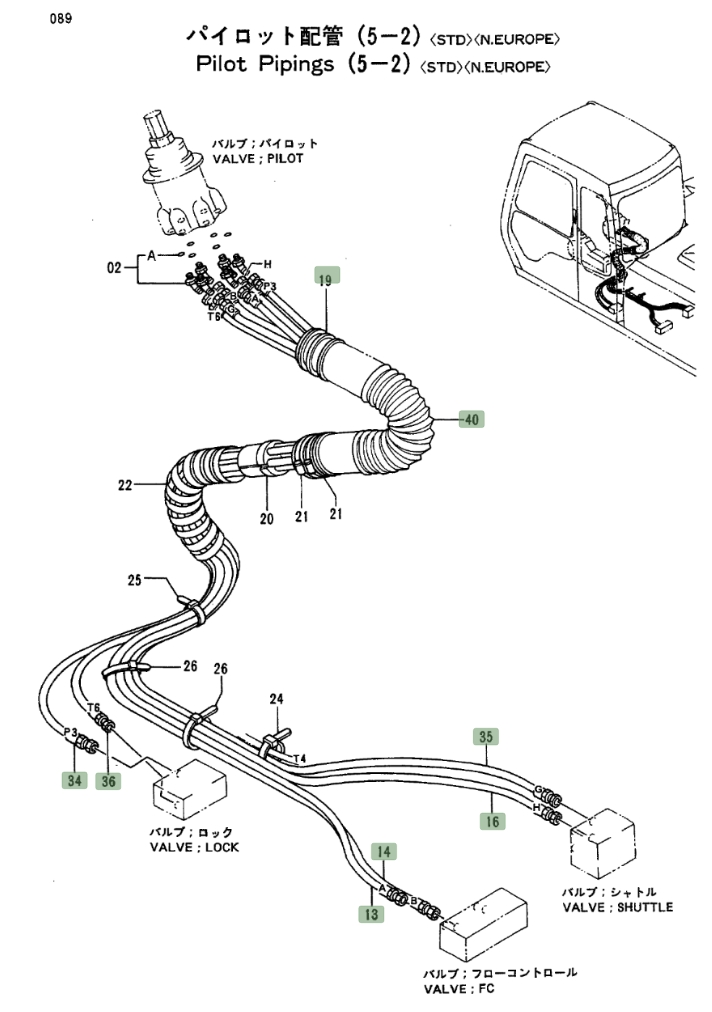 Hitachi EX100-2 installation diagram showing hydraulic hose 4287546 at Pipe No. 36