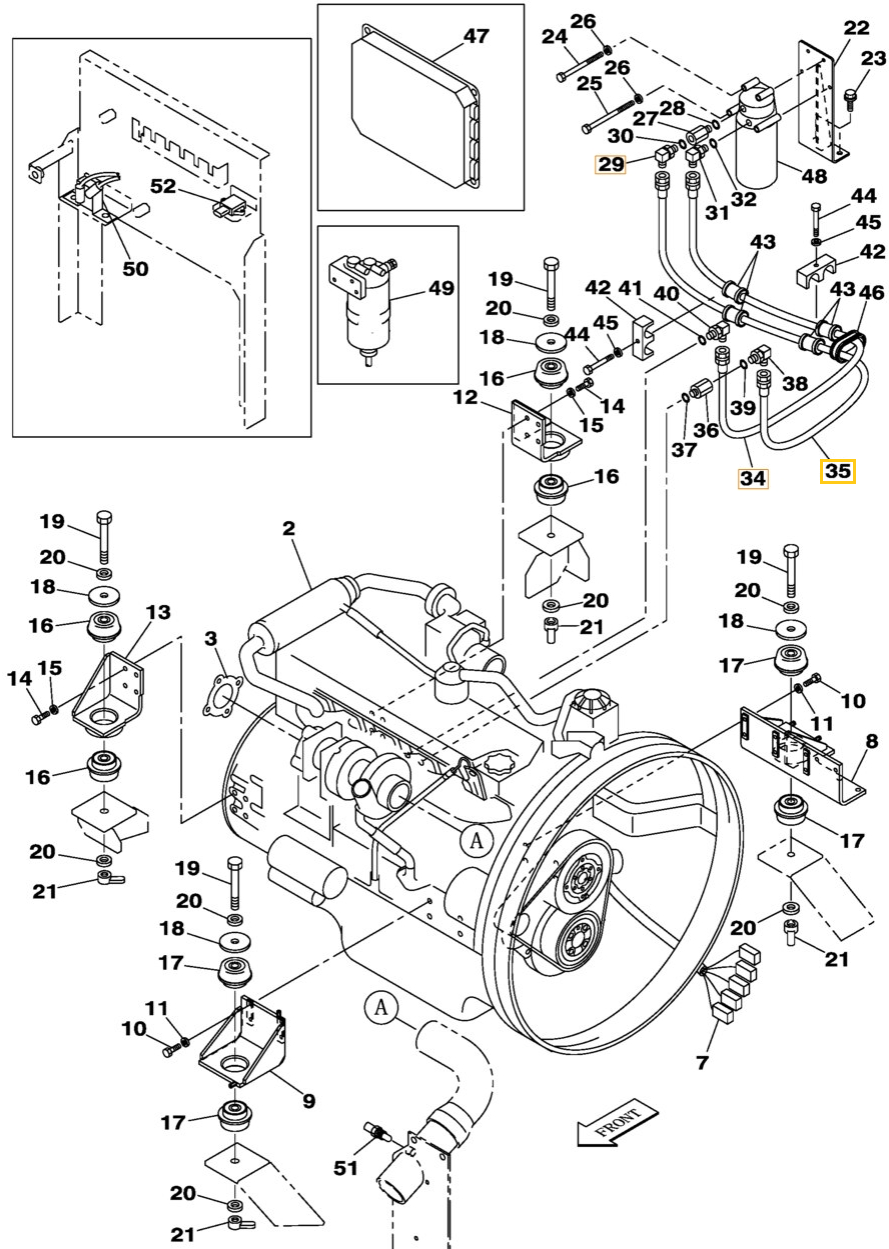 Case CX350B installation diagram showing hydraulic hose KSH1056 at Pipe No. 35