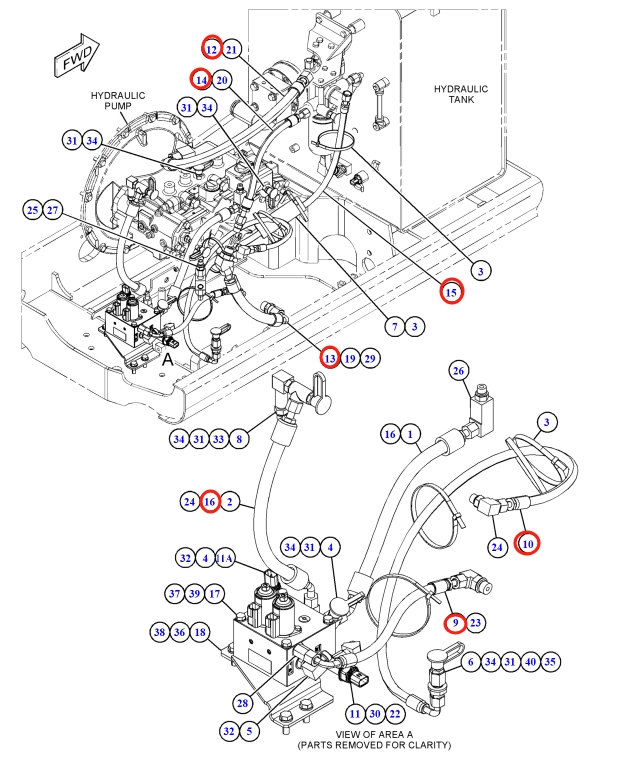 Caterpillar CAT®316F L installation diagram showing hydraulic hose 350-0833 at Pipe No. 14
