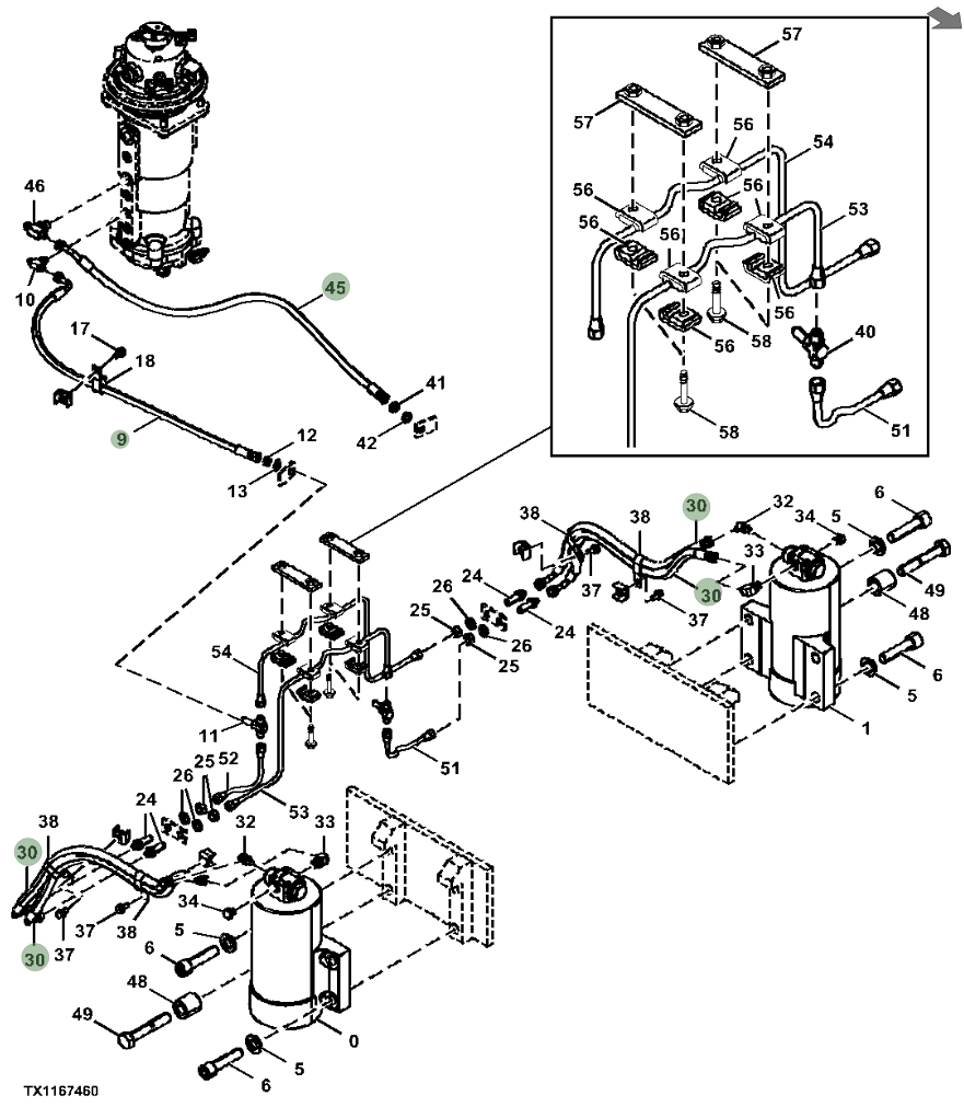 Hitachi ZX190W-5N installation diagram showing hydraulic hose 4659943 at Pipe No. 30