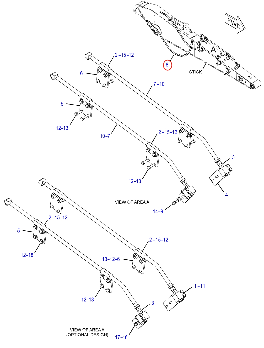 Caterpillar CAT®312F installation diagram showing hydraulic hose 372-9830 at Pipe No. 8