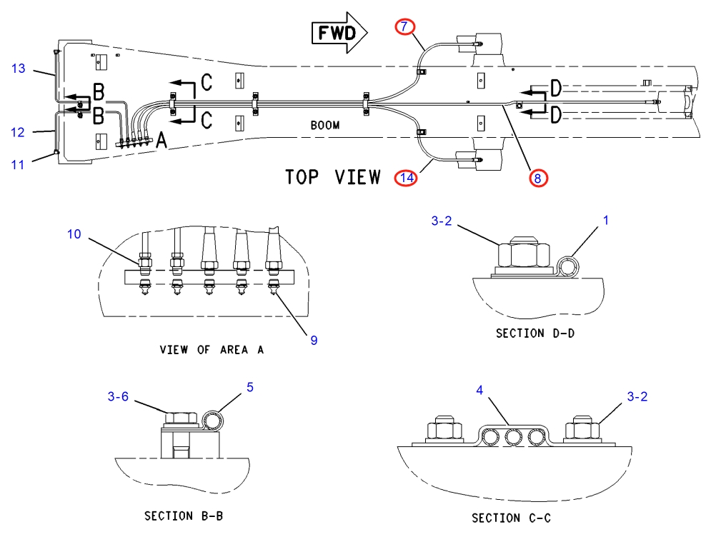 Caterpillar CAT®317B L installation diagram showing hydraulic hose 120-7225 at Pipe No. 14