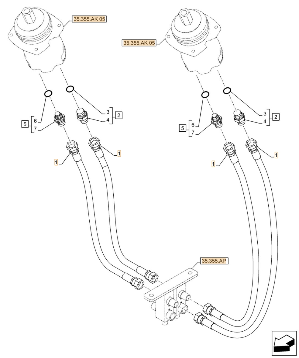 Case CX490D RTC installation diagram showing hydraulic hose 159213A1 at Pipe No. 1