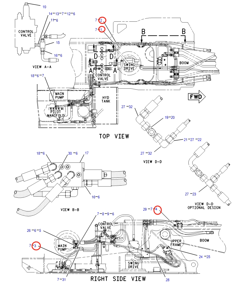 Caterpillar CAT®317B L installation diagram showing hydraulic hose 136-7694 at Pipe No. 2
