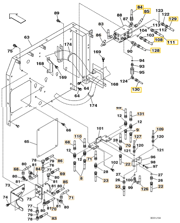 Case CX240 installation diagram showing hydraulic hose 159224A1 at Pipe No. 84