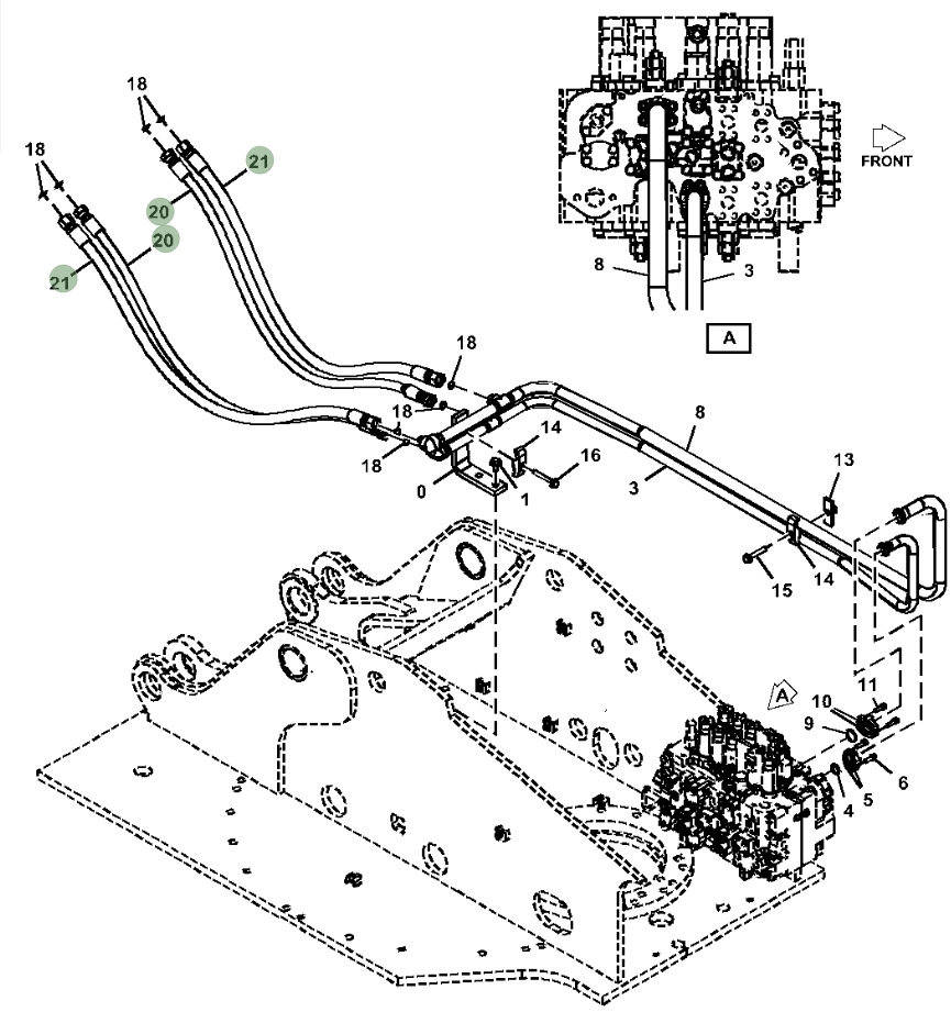 Hitachi ZX230W-5N installation diagram showing hydraulic hose 4254435 at Pipe No. 21