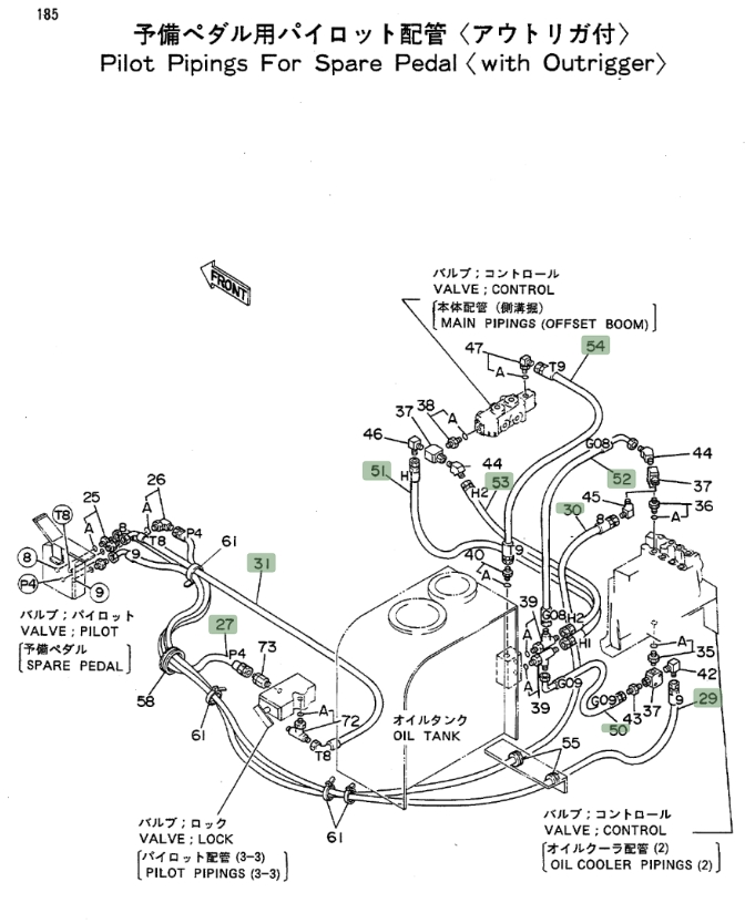 Hitachi EX100WD installation diagram showing hydraulic hose 4219348 at Pipe No. 54