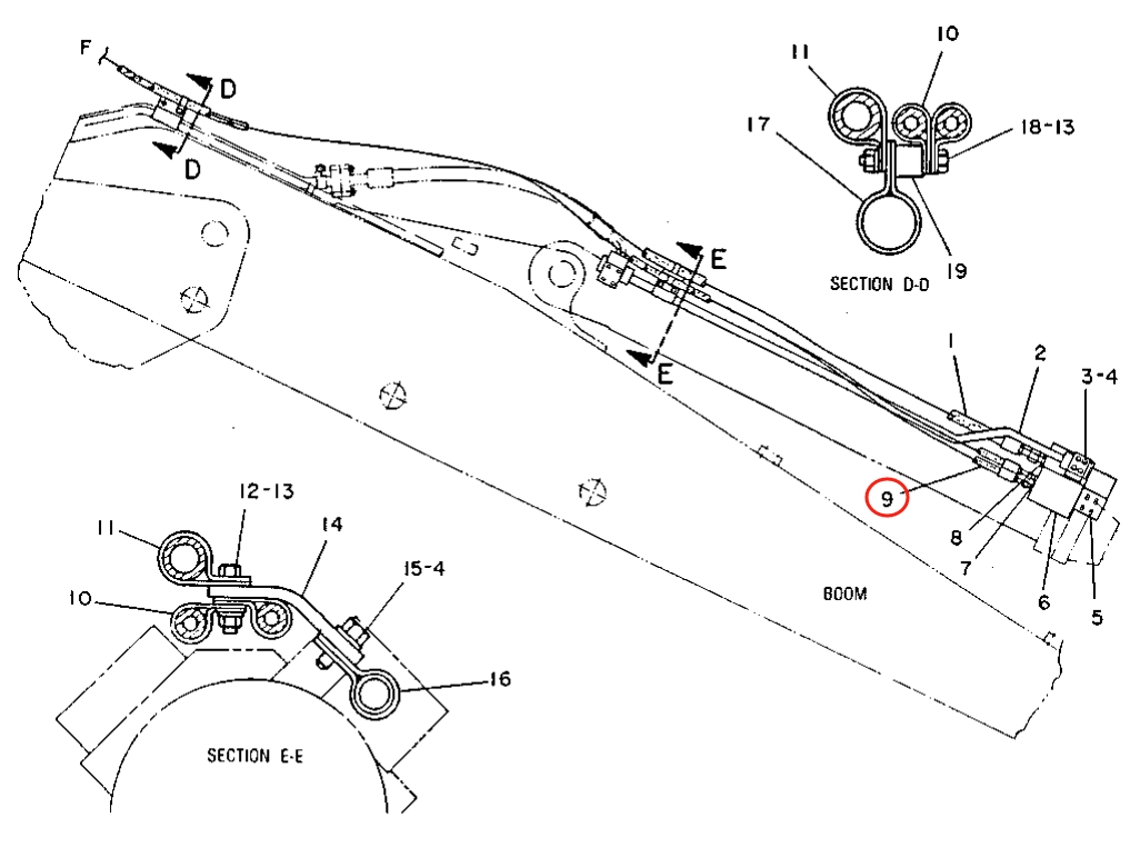 Caterpillar CAT®215C installation diagram showing hydraulic hose 6W-7664 at Pipe No. 9
