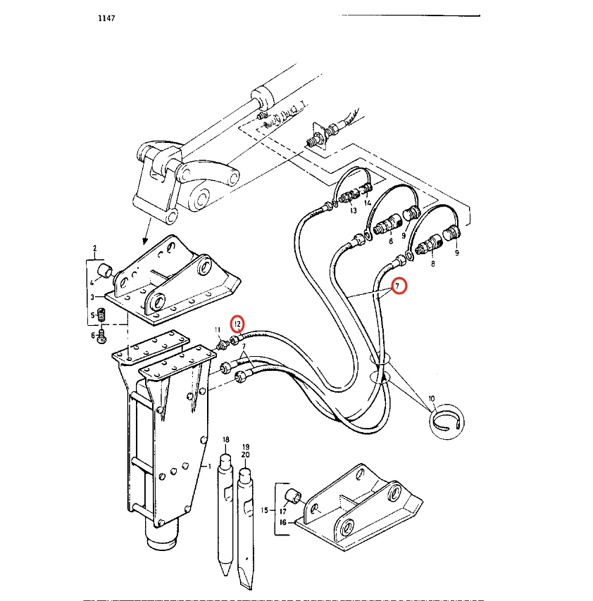 Caterpillar CAT®212 installation diagram showing hydraulic hose 5W-1917 at Pipe No. 7