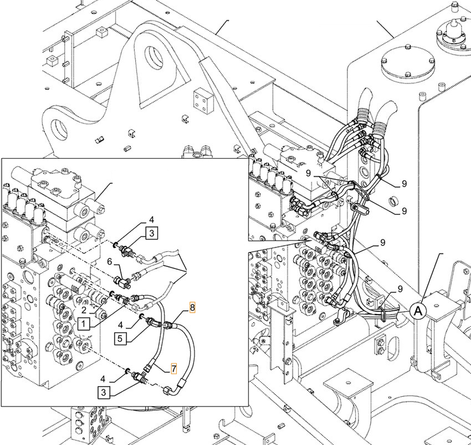 Case CX290D LC MH installation diagram showing hydraulic hose KHJ2240 at Pipe No. 7