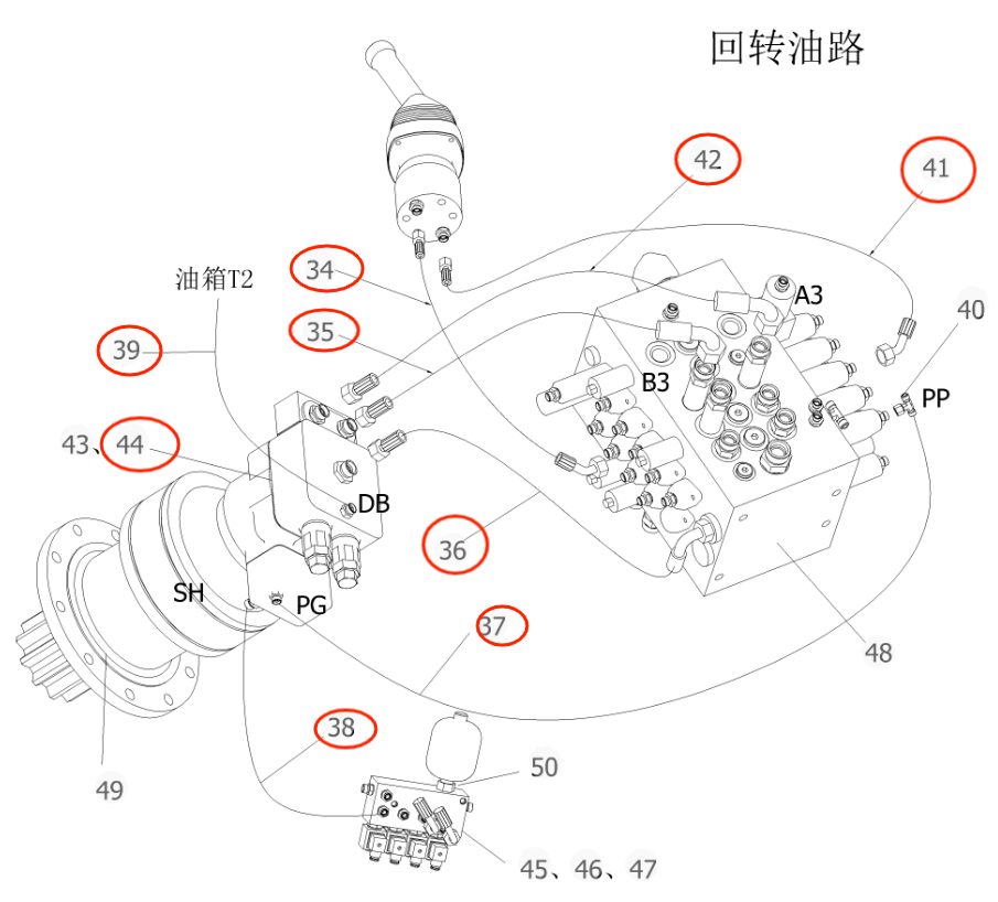 Sunward SWE150E installation diagram showing hydraulic hose 730501001405 at Pipe No. 34