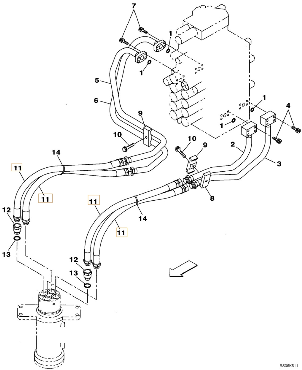 Case CX210BLR installation diagram showing hydraulic hose KRJ10710 at Pipe No. 11