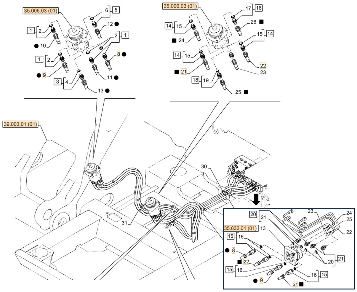 Case CX210C LC installation diagram showing hydraulic hose 159211A1 at Pipe No. 9