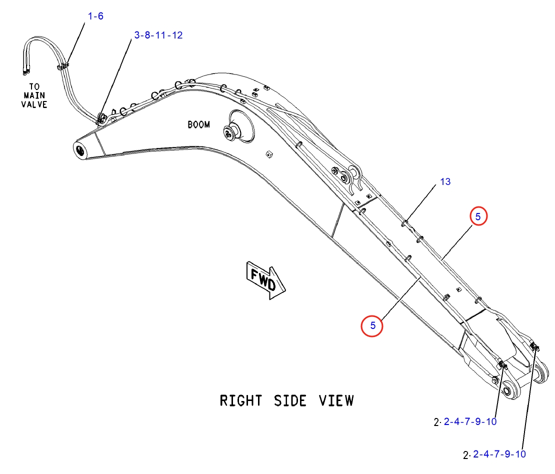 Caterpillar CAT®M312 installation diagram showing hydraulic hose 179-5694 at Pipe No. 5