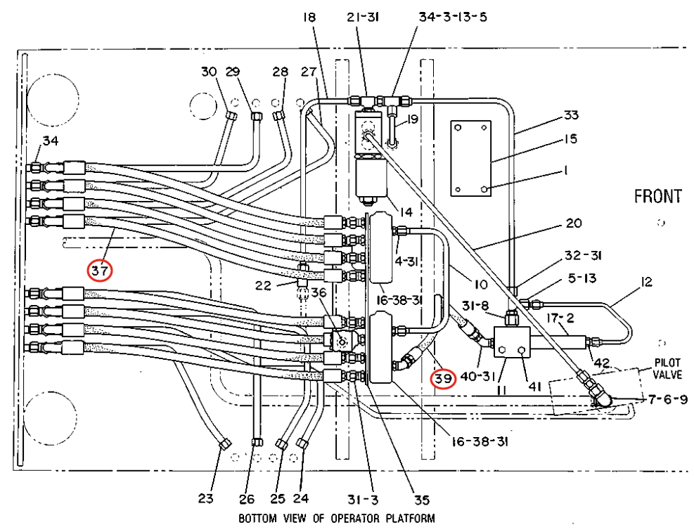 Caterpillar CAT®215D installation diagram showing hydraulic hose 7V-1038 at Pipe No. 39