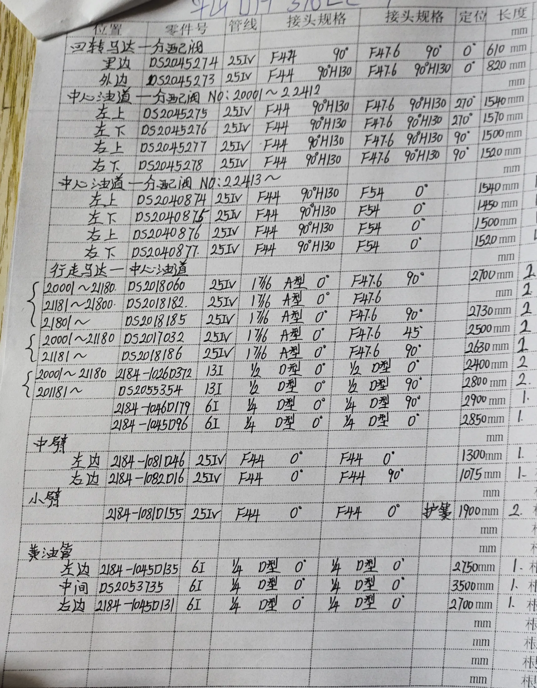Doosan DH370LC-7 hydraulic hose part numbers and recorded lengths — technician notebook page 2 of 5