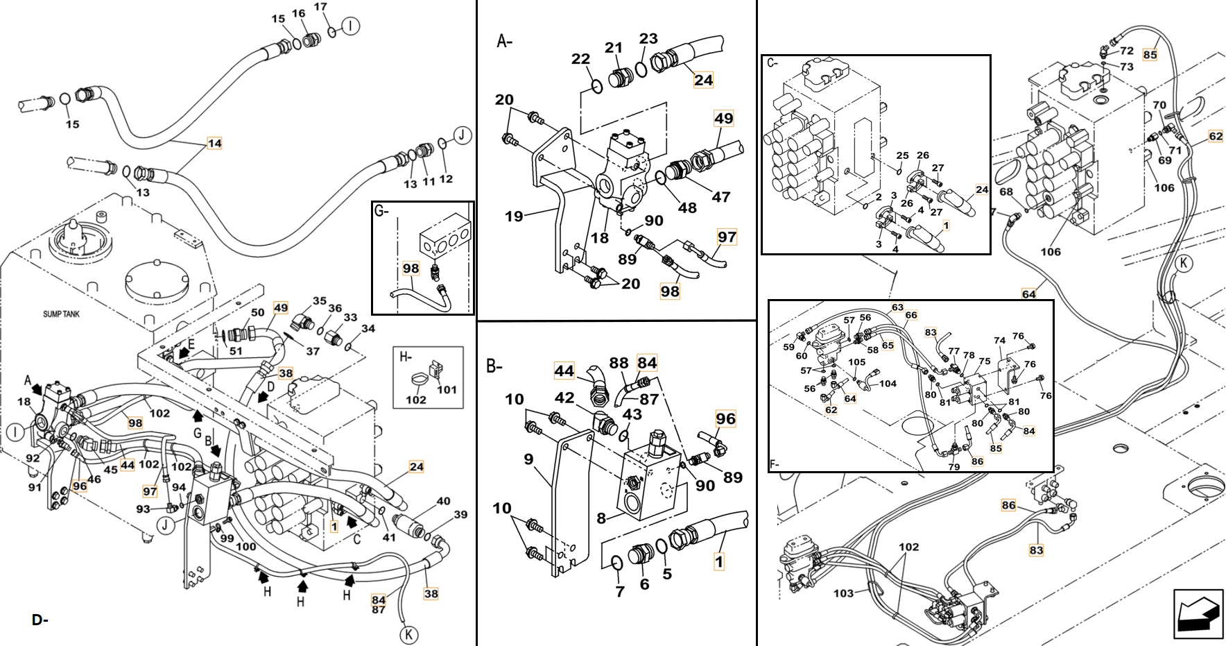 Case CX260C LC installation diagram showing hydraulic hose KHJ2194 at Pipe No. F66