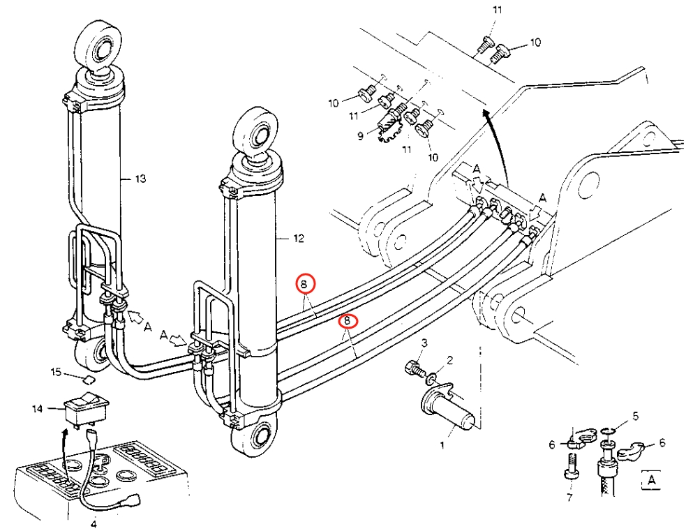 Caterpillar CAT®213B installation diagram showing hydraulic hose 8U-1071 at Pipe No. 8