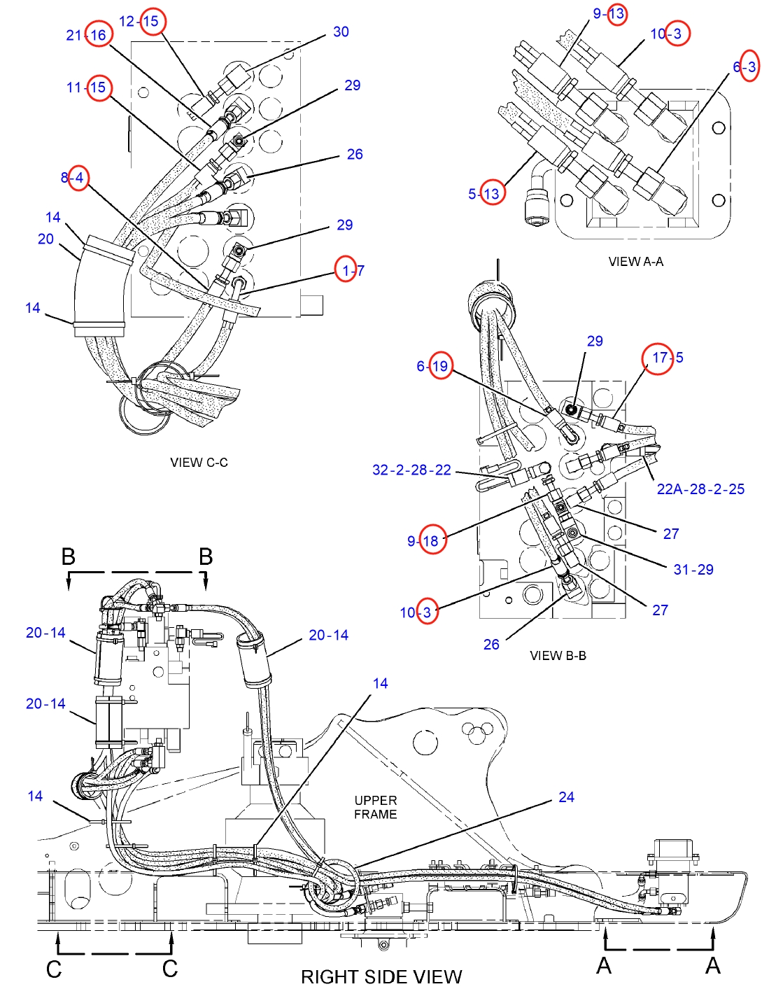 Caterpillar CAT®313D2 installation diagram showing hydraulic hose 7I-8252 at Pipe No. 13