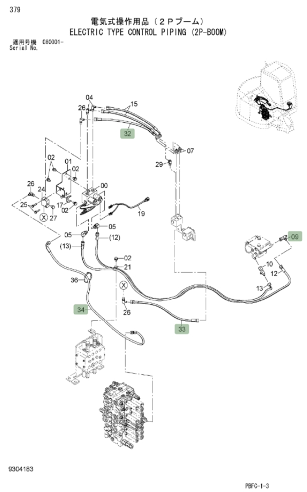 Hitachi ZX85USB-3 installation diagram showing hydraulic hose 4442331 at Pipe No. 32