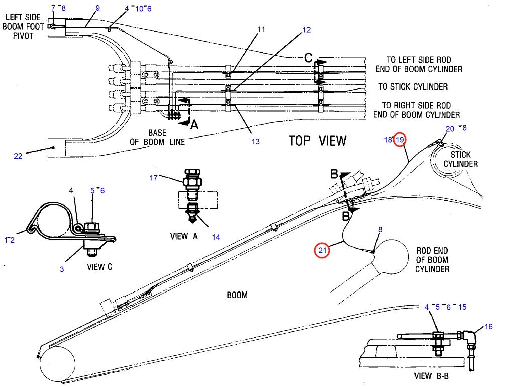 Caterpillar CAT®235B installation diagram showing hydraulic hose 3V-7516 at Pipe No. 19