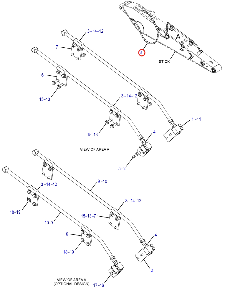 Caterpillar CAT®315F LCR installation diagram showing hydraulic hose 372-9830 at Pipe No. 8