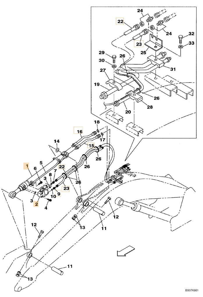 Case CX225SR installation diagram showing hydraulic hose KRV2405 at Pipe No. 15