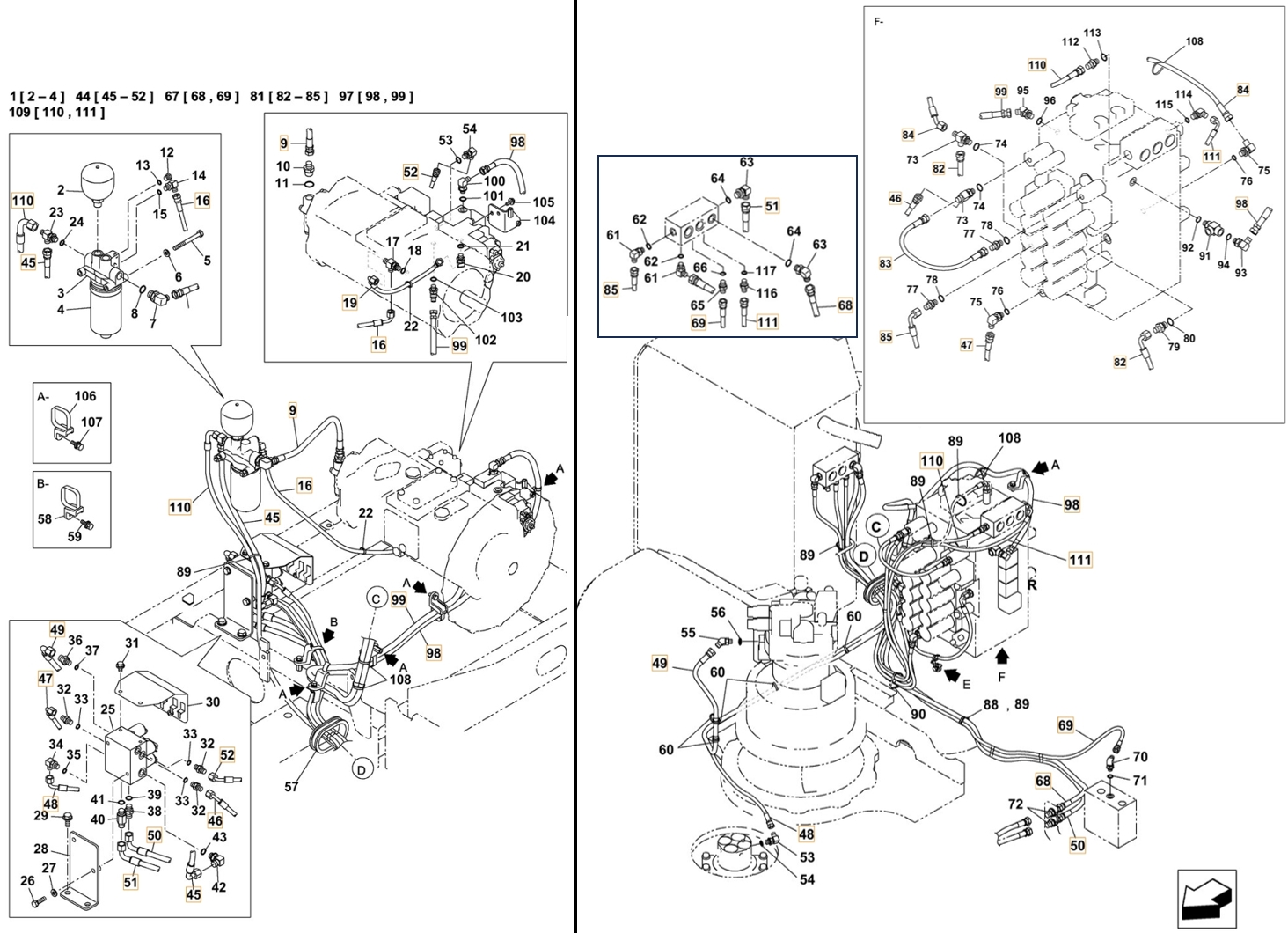 Case CX210C LC installation diagram showing hydraulic hose KHJ31100 at Pipe No. 99