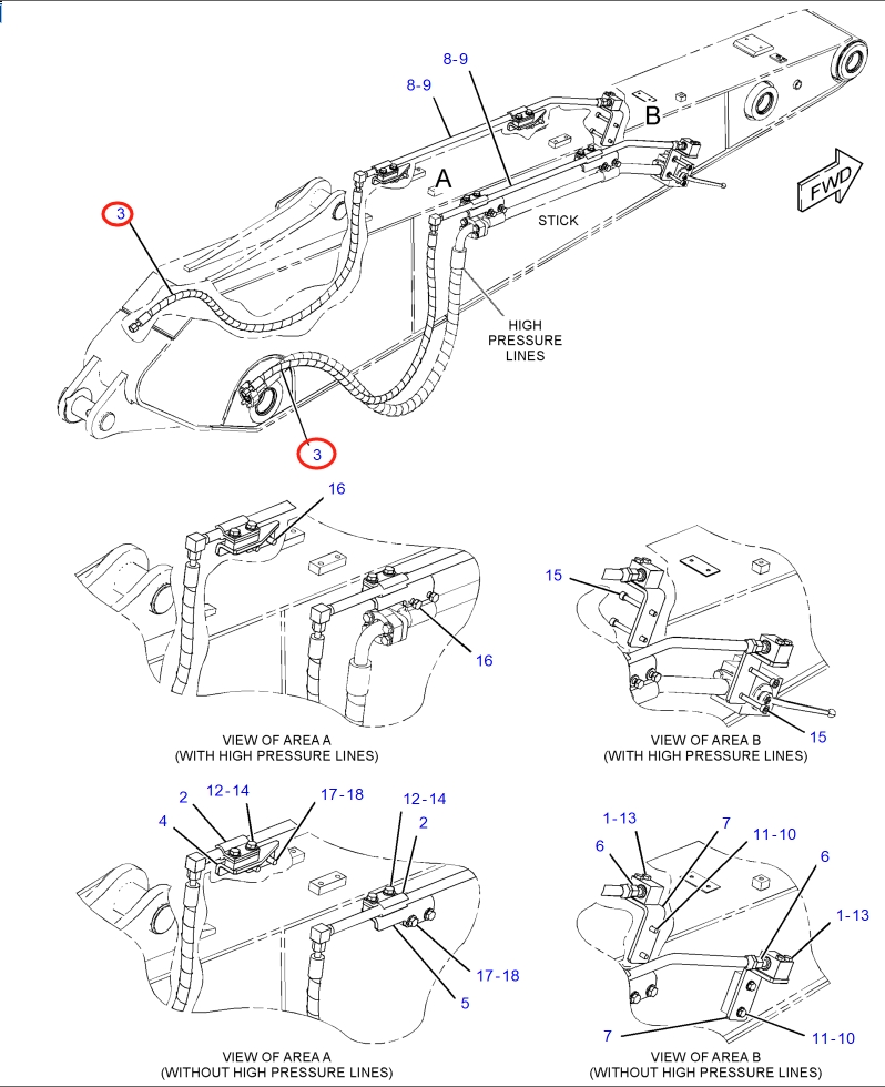 Caterpillar CAT®316E L installation diagram showing hydraulic hose 173-7865 at Pipe No. 3