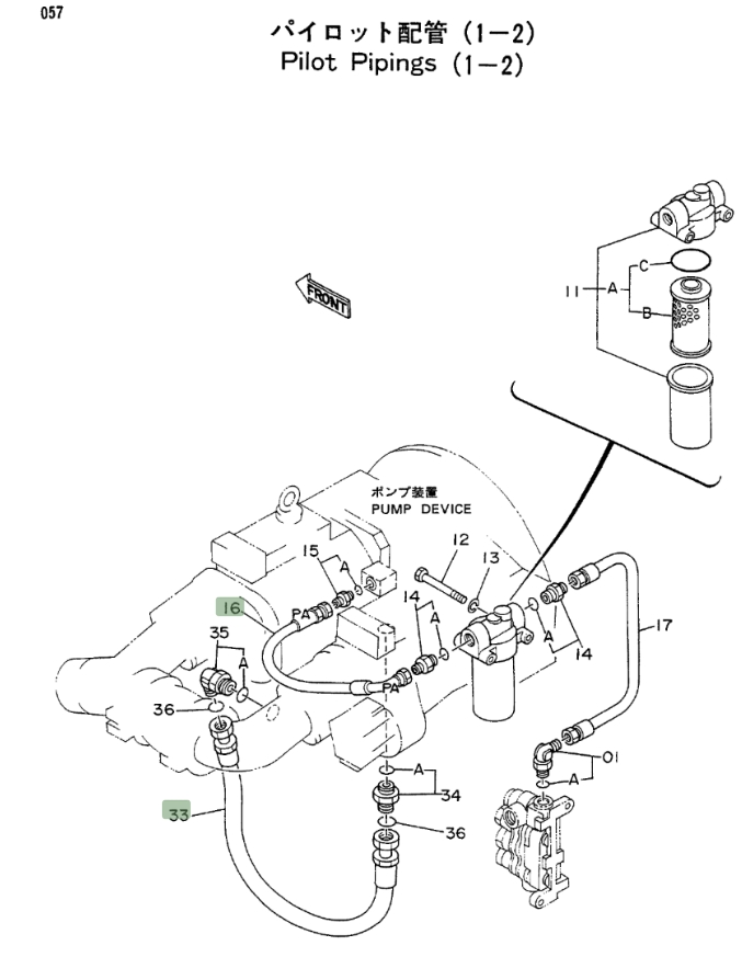 Hitachi EX200LC installation diagram showing hydraulic hose 4197724 at Pipe No. 33