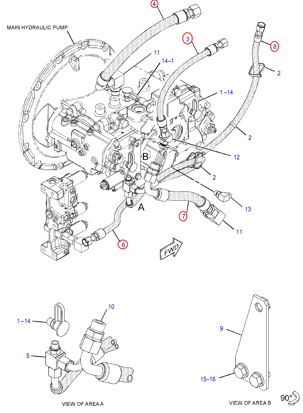 Caterpillar CAT®313F L installation diagram showing hydraulic hose 218-1058 at Pipe No. 3