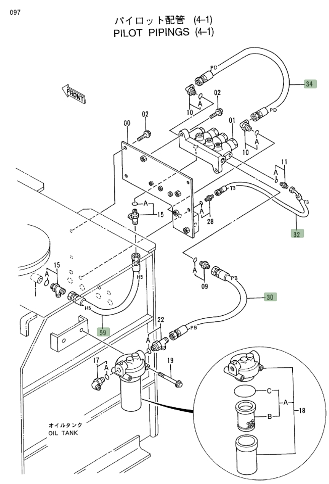 Hitachi EX400LC-3 installation diagram showing hydraulic hose 4366756 at Pipe No. 34