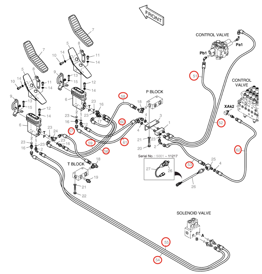 Doosan DX140W installation diagram showing hydraulic hose DS2094004 at Pipe No. 59