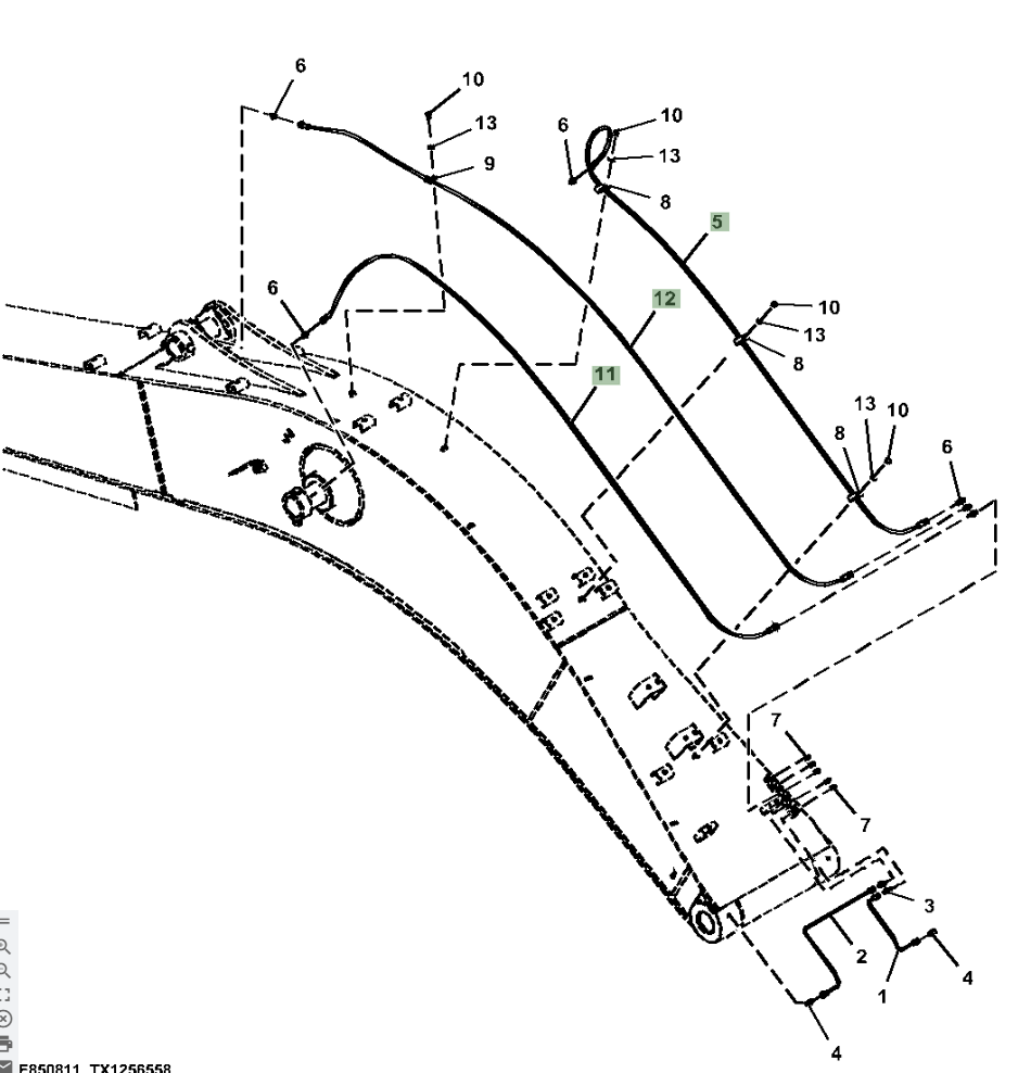 Hitachi ZX210LC-5A installation diagram showing hydraulic hose 4622684 at Pipe No. 12