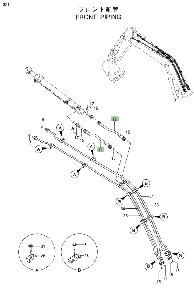Hitachi EX160LC-5 installation diagram showing hydraulic hose 4384989 at Pipe No. 12