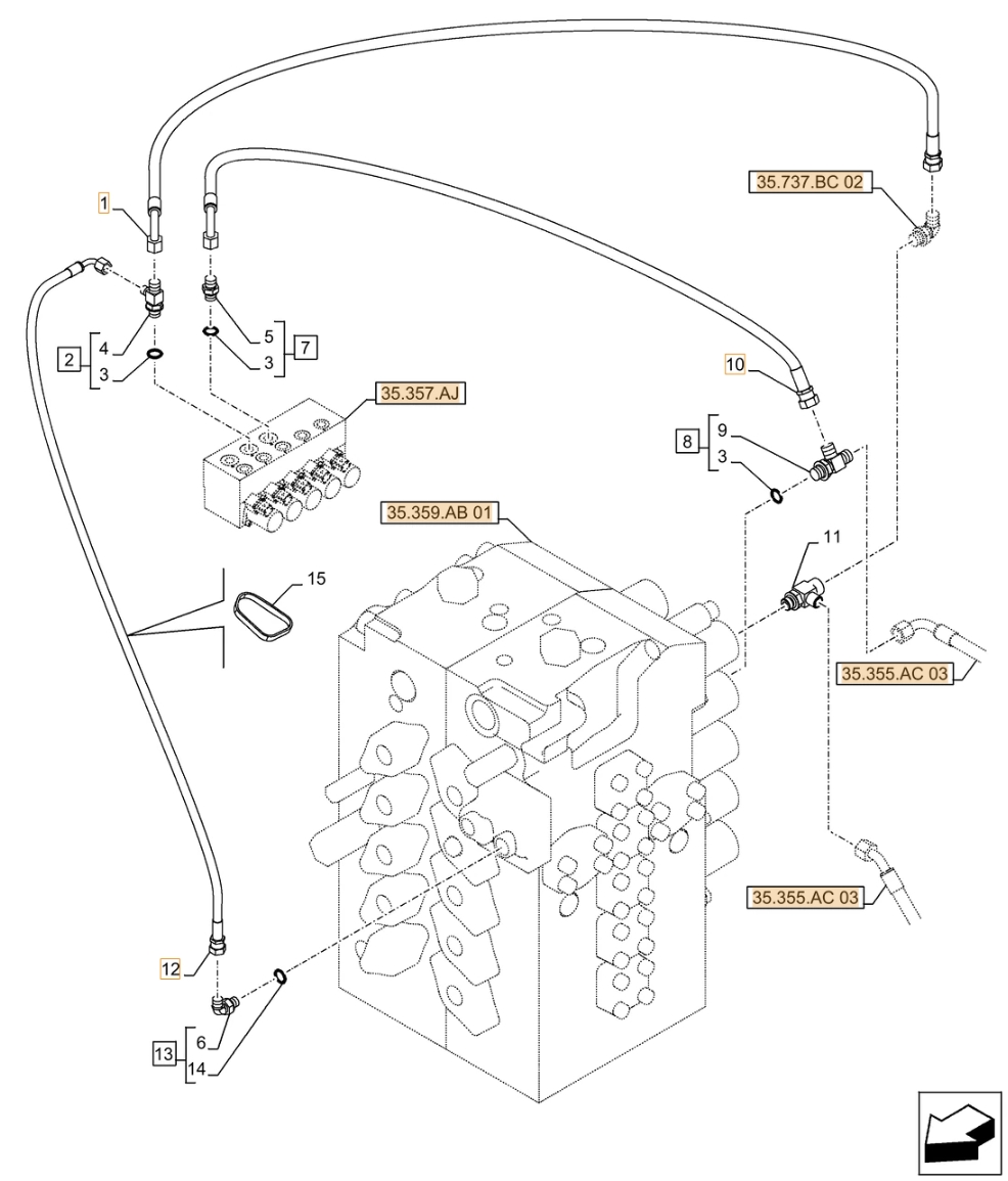 Case CX500D LC installation diagram showing hydraulic hose KHJ2179 at Pipe No. 12