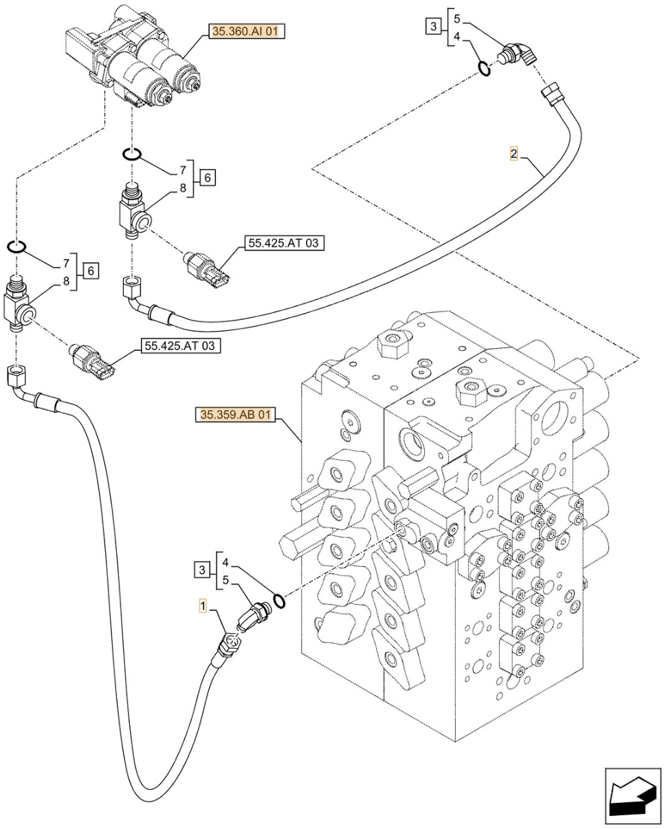 Case CX490D LC installation diagram showing hydraulic hose KHJ11500 at Pipe No. 2