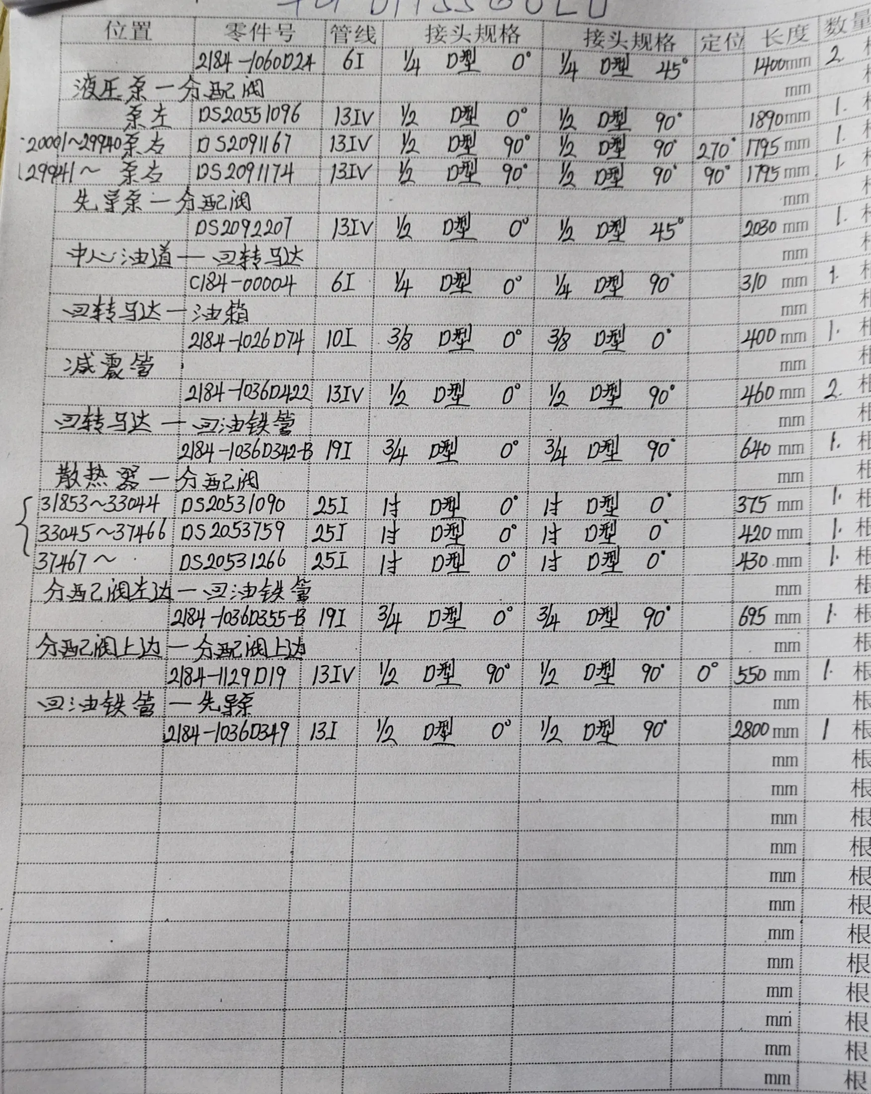 Doosan DH55GOLD hydraulic hose part numbers and recorded lengths — technician notebook page 2 of 4