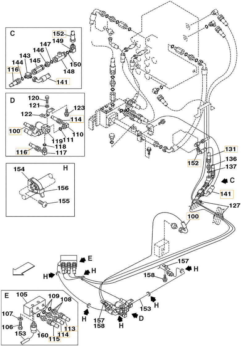 Case CX290 installation diagram showing hydraulic hose 161272A1 at Pipe No. 114
