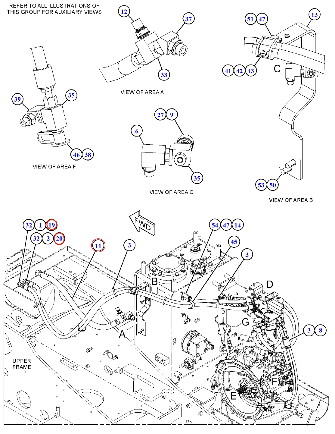 Caterpillar CAT®312E installation diagram showing hydraulic hose 462-5214 at Pipe No. 20