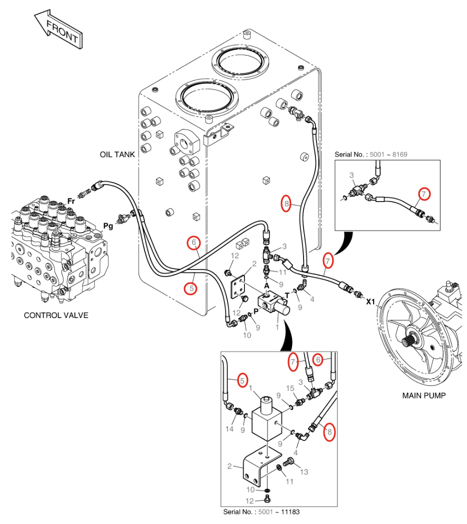 Doosan DX140W installation diagram showing hydraulic hose DS2093080 at Pipe No. 8