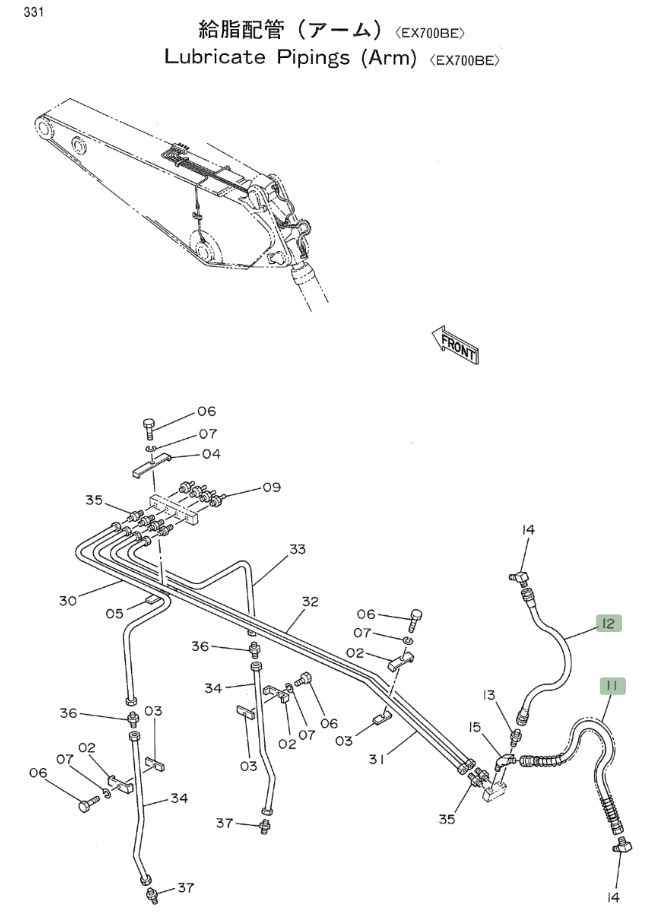 Hitachi EX700 installation diagram showing hydraulic hose 4107297 at Pipe No. 12