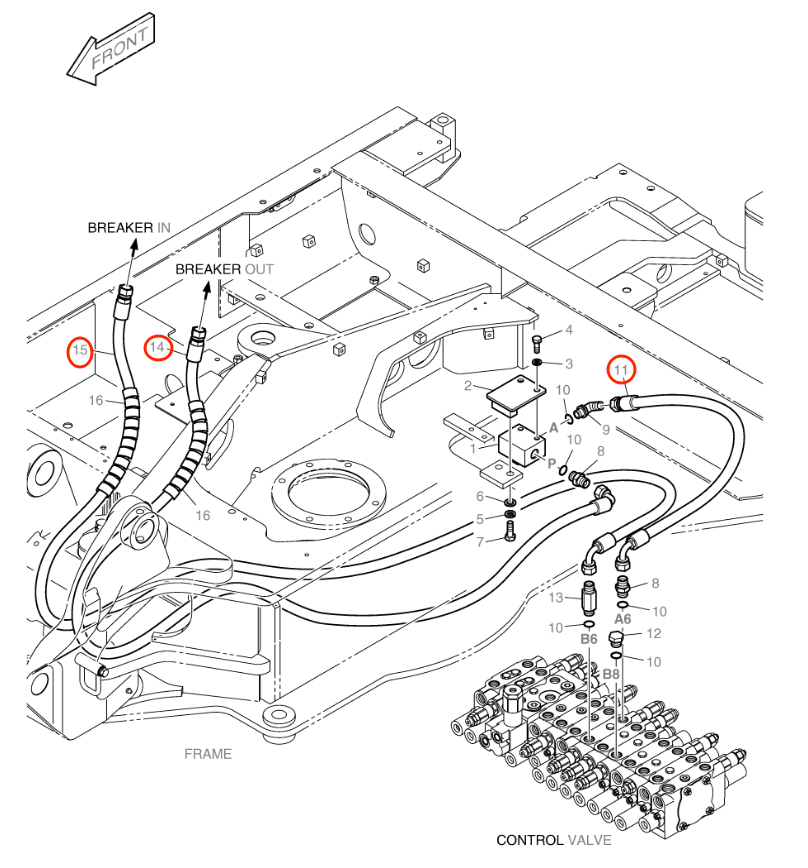 Doosan B55W-2 installation diagram showing hydraulic hose DS2093686 at Pipe No. 14