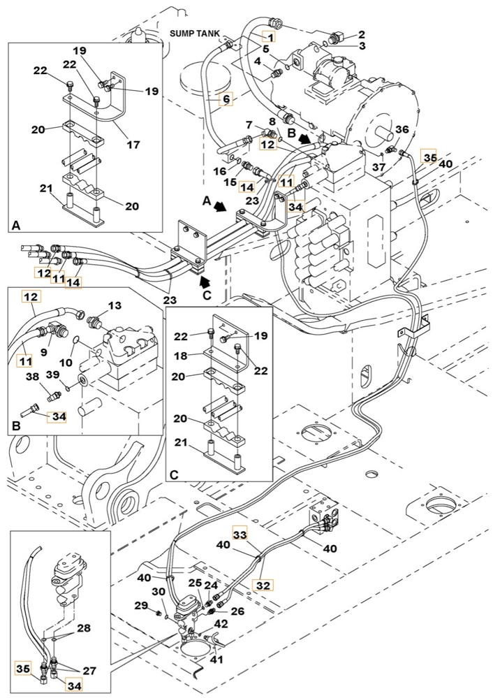 Case CX300B installation diagram showing hydraulic hose KHJ11480 at Pipe No. 34
