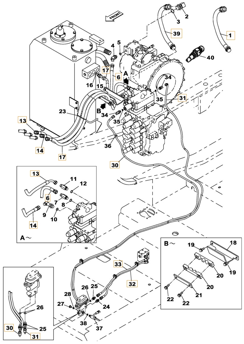 Case CX180B installation diagram showing hydraulic hose KHJ2088 at Pipe No. 32