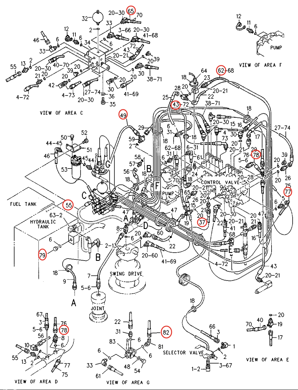 Caterpillar CAT®307 installation diagram showing hydraulic hose 103-1345 at Pipe No. 82