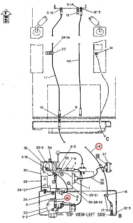 Caterpillar CAT®235C installation diagram showing hydraulic hose 033-2159 at Pipe No. 18