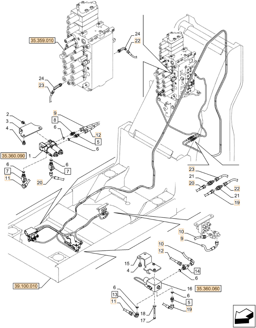Case CX290D LC MH installation diagram showing hydraulic hose KHJ2086 at Pipe No. 10