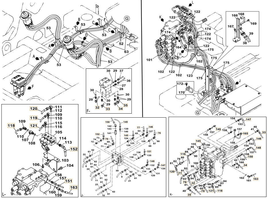 Case CX180C installation diagram showing hydraulic hose KHJ2165 at Pipe No. 32