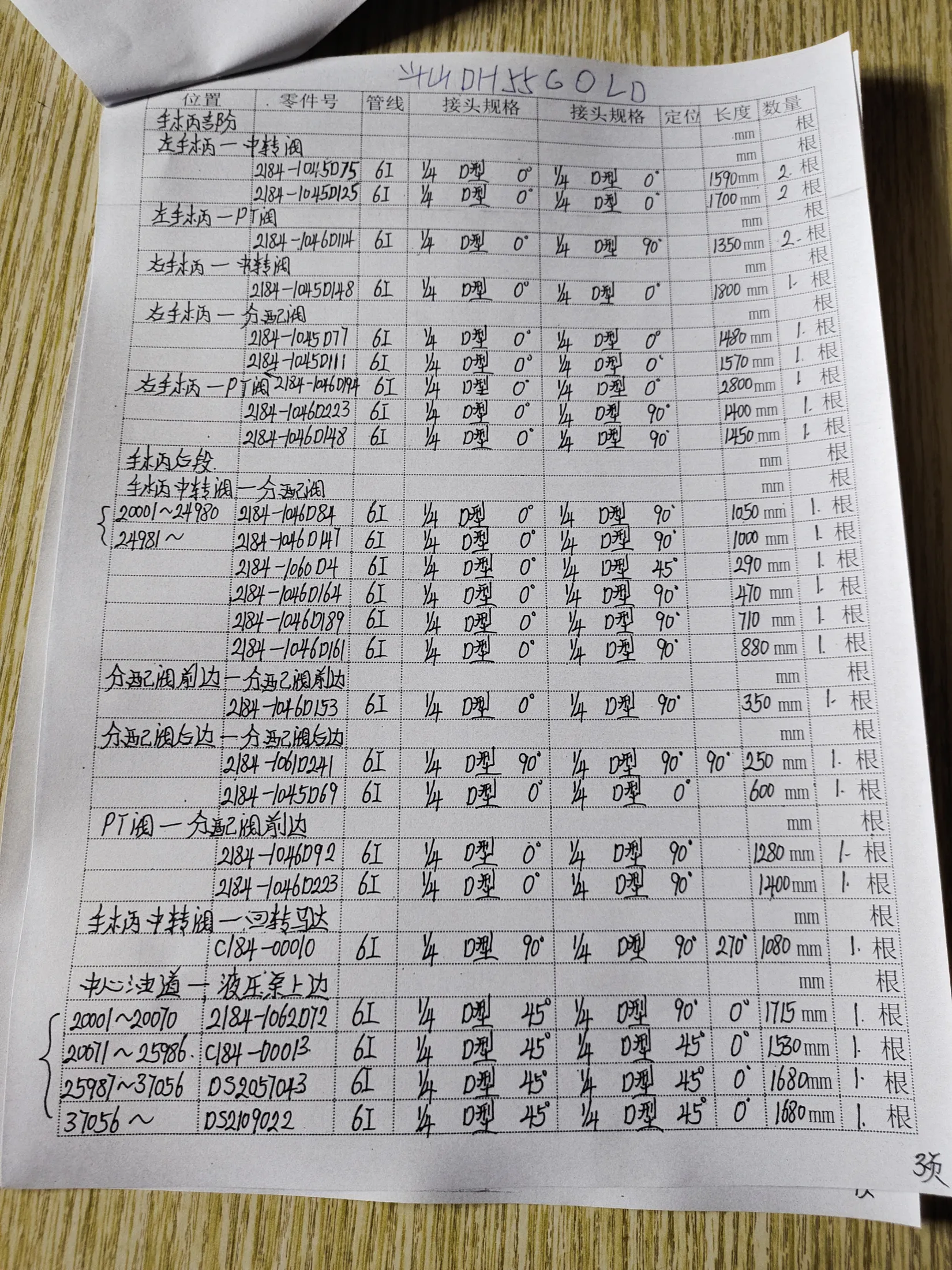 Doosan DH55G0LD hydraulic hose part numbers and recorded lengths — technician notebook page 3 of 4 — recorded hose parts 2184-1045D148, 2184-1045D77, 2184-1046D114